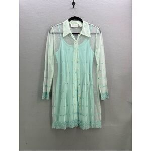 Vintage Y2K Hugo Buscati Mint Blue Mesh Embroidered Eyelet Shirt Dress  Sizs S